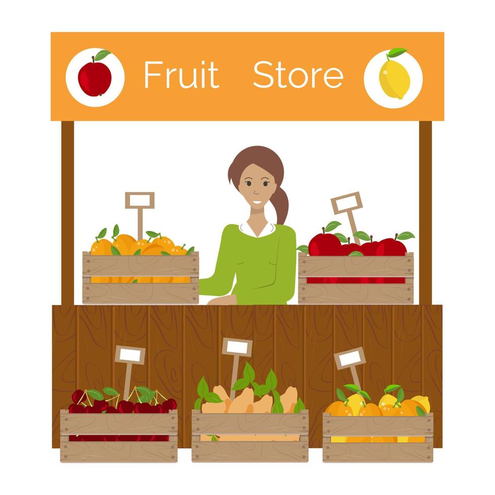 Obstladenstand vorne, Holzkiste mit Obst und Preisschild. junge Frau verkauft Obst an einem Straßenstand. Vektor-Illustration vektor