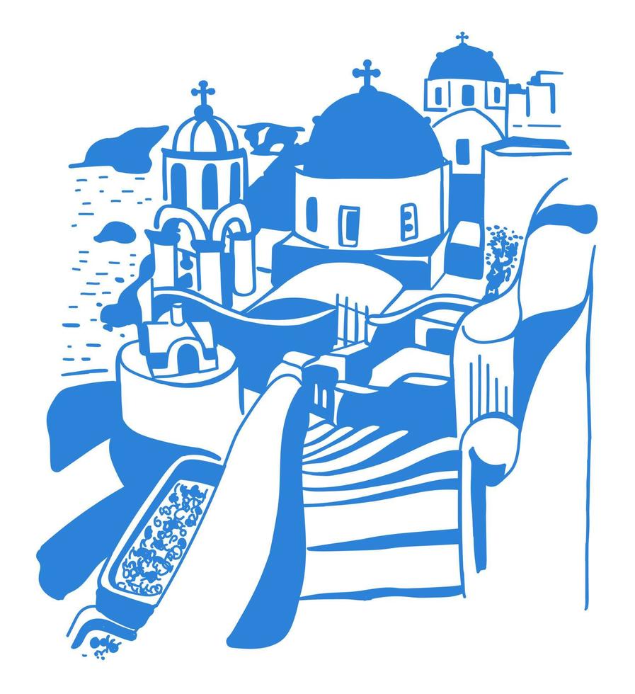Santorini-Insel, Griechenland. schöne traditionelle weiße Architektur und griechisch-orthodoxe Kirchen mit blauen Kuppeln über der ägäischen Caldera. Blau. Werbekarte, Flyer, Vektor