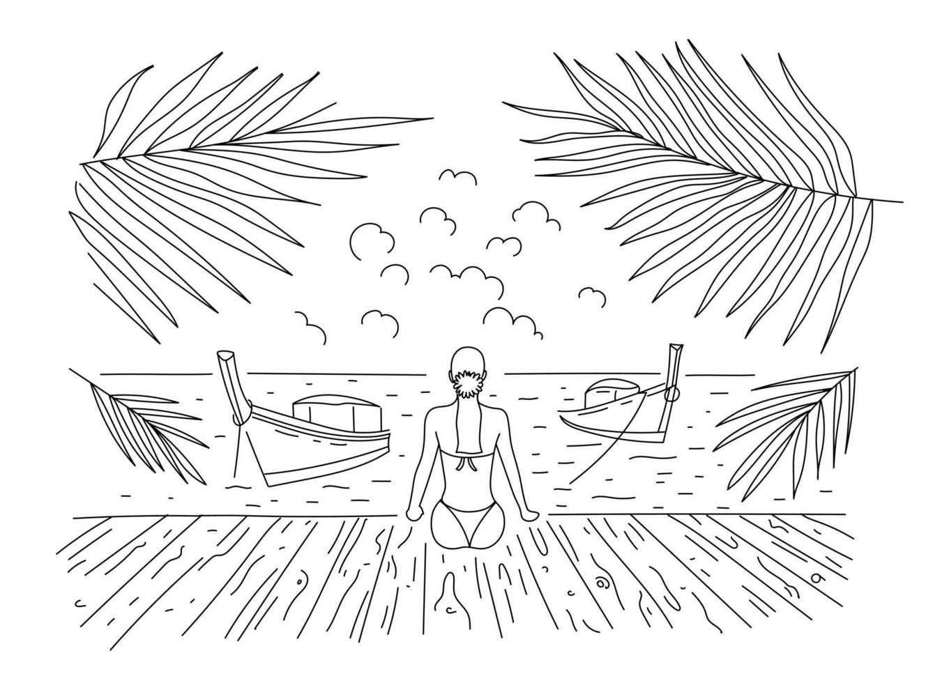 pir, tropikerna, sommar, hav, palm. en tjej i baddräkt sitter på bryggan. båtar på kajen. havets horisont. vektor illustration, linjär ritning