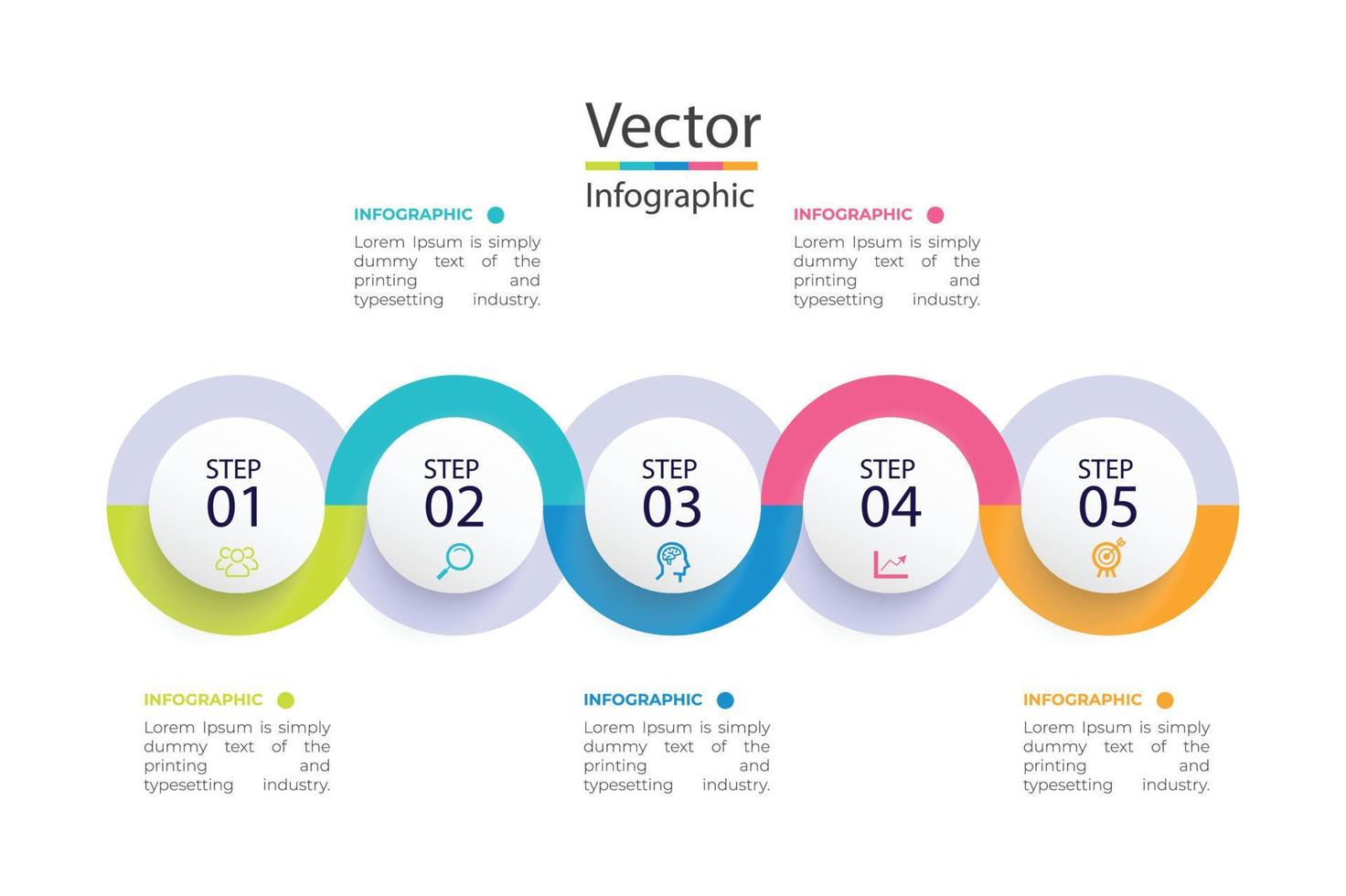 vektor infographic mall med 3d pappersetikett, integrerade cirklar. affärsidé med 5 alternativ. för innehåll, diagram, flödesschema, steg, delar, tidslinjeinfografik.