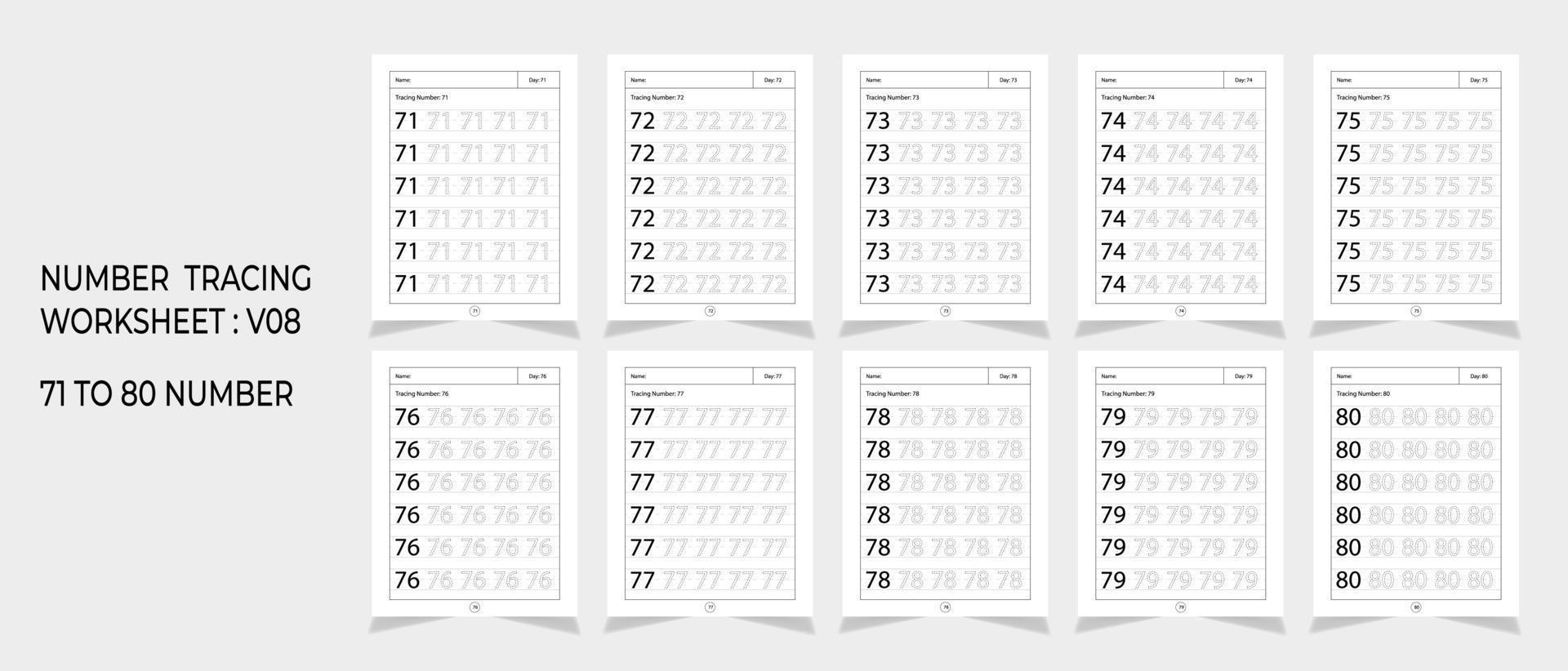 Kindergarten-Nummernverfolgungs-Arbeitsblätter, Mathematik für pädagogisches Mathe-Spieldesign, druckbares Arbeitsblatt vektor