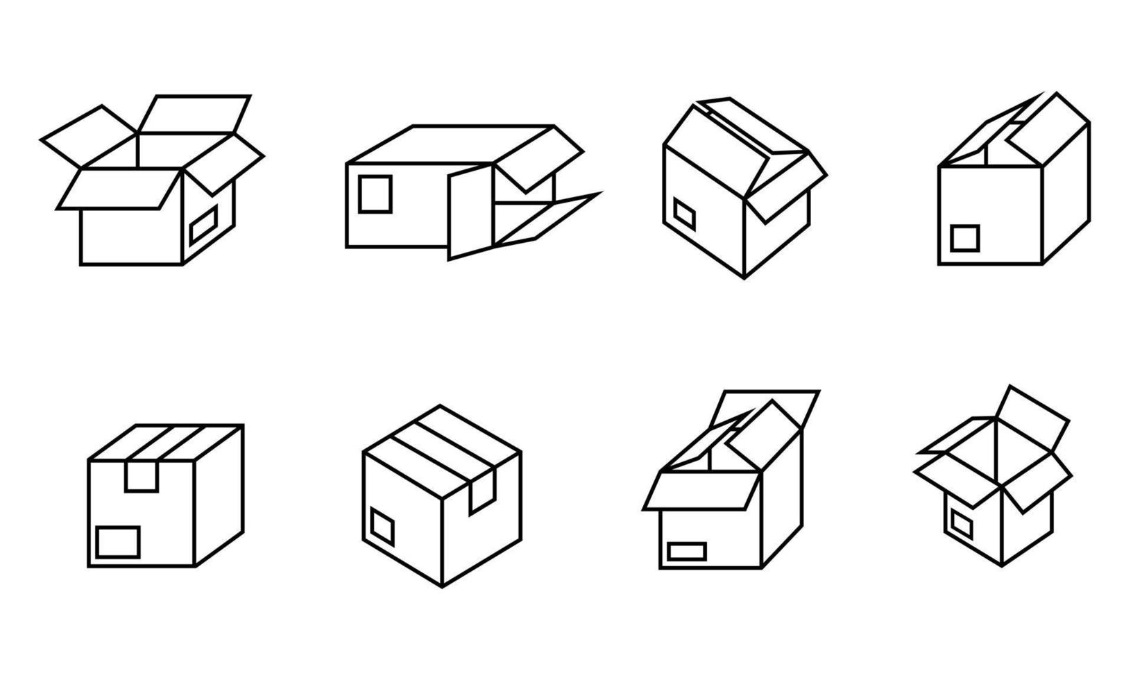 Vektor-Illustration der Box-Symbol im umrissenen Stil. geeignet für Gestaltungselement der Fracht- und Logistik-, Versand- und Liefer-App. verschiedene geöffnete Kartonverpackungen. vektor