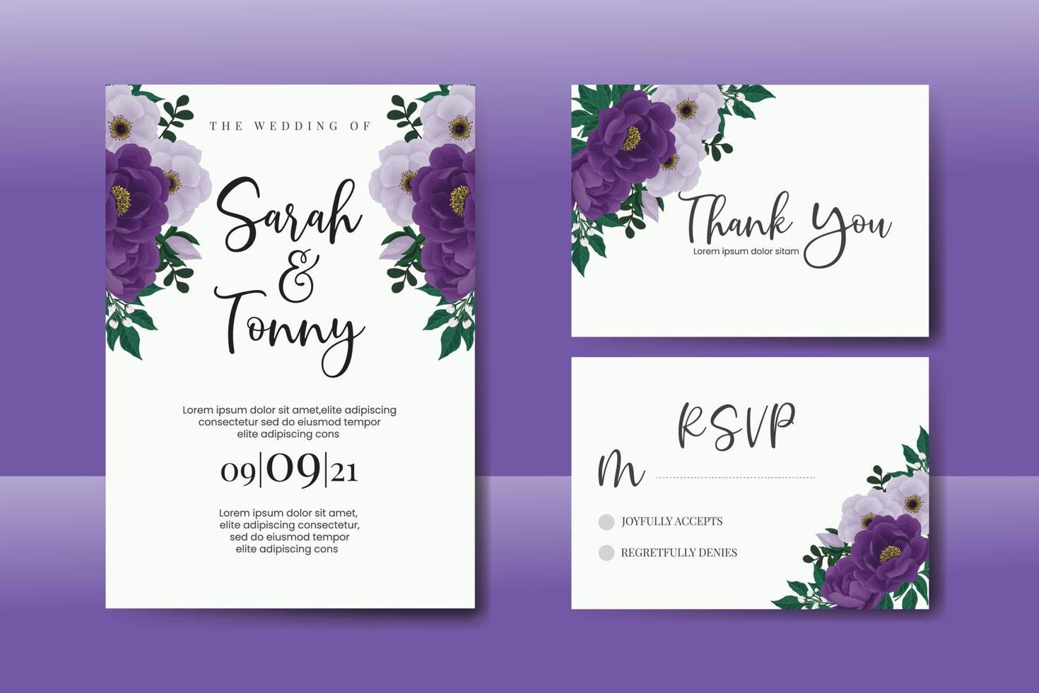 Hochzeitseinladungs-Rahmen-Set, Blumenaquarell digitale handgezeichnete lila Pfingstrose Blumen-Design-Einladungskarten-Vorlage vektor
