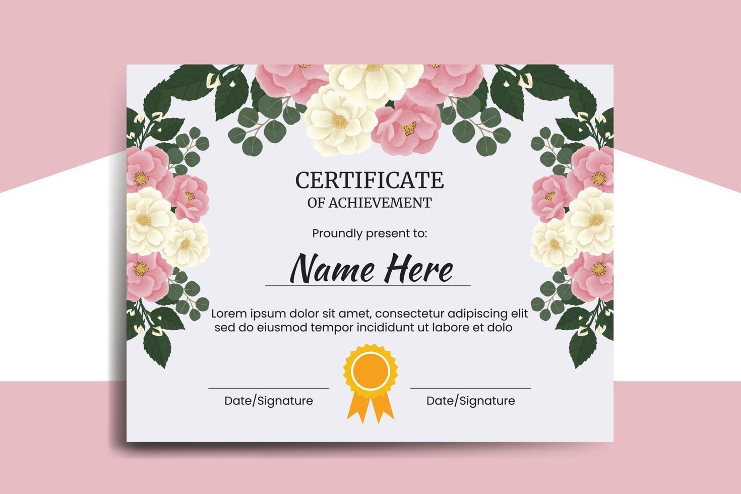 certifikat mall rosa mini ros blomma akvarell digital handritad vektor