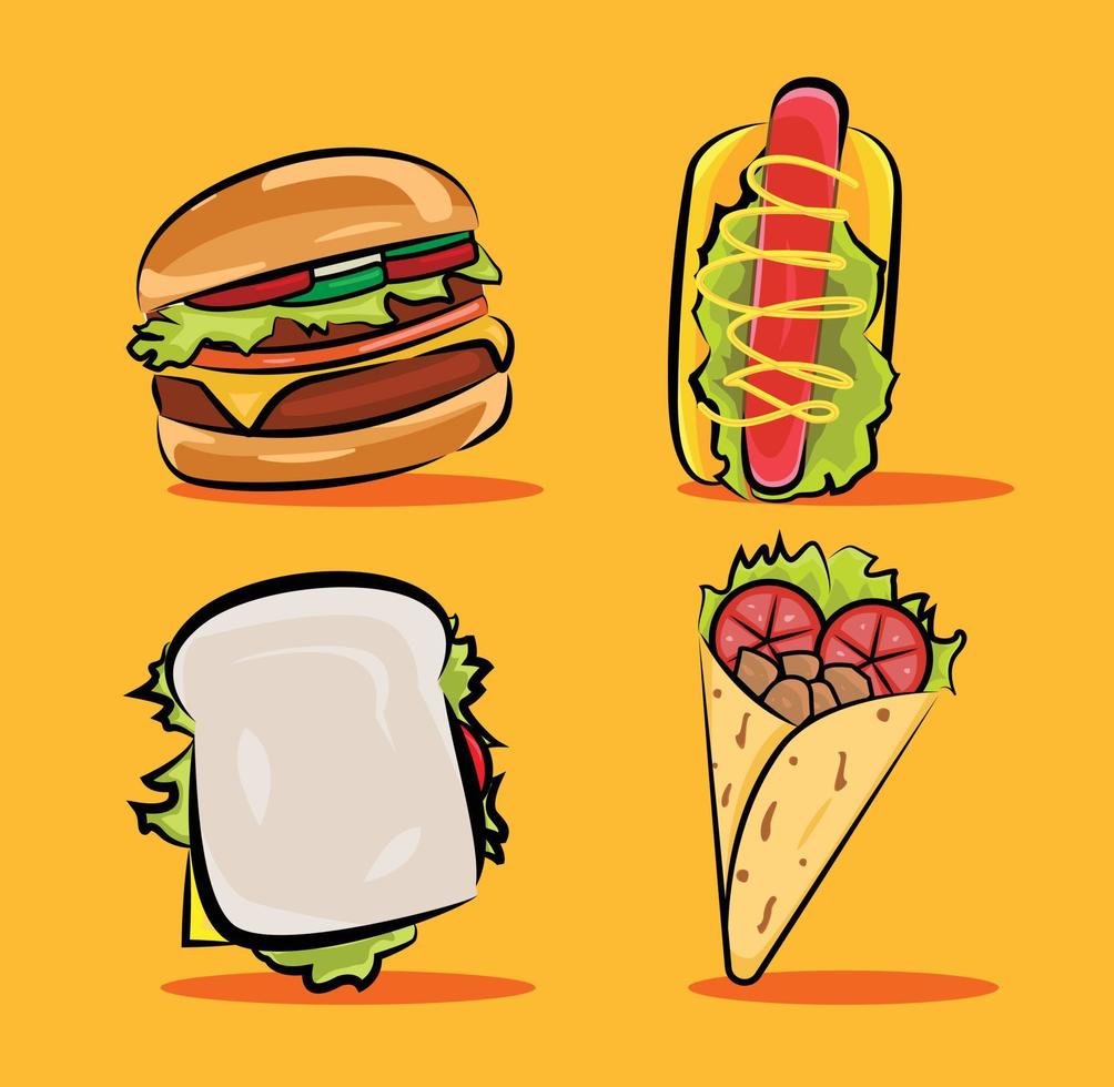snabbmatsburgare, smörgås, korv, kebab, med orange bakgrund. vektor illustration