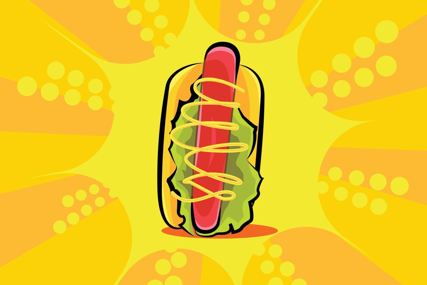 snabbmat hotdog, med orange bakgrund. vektor illustration