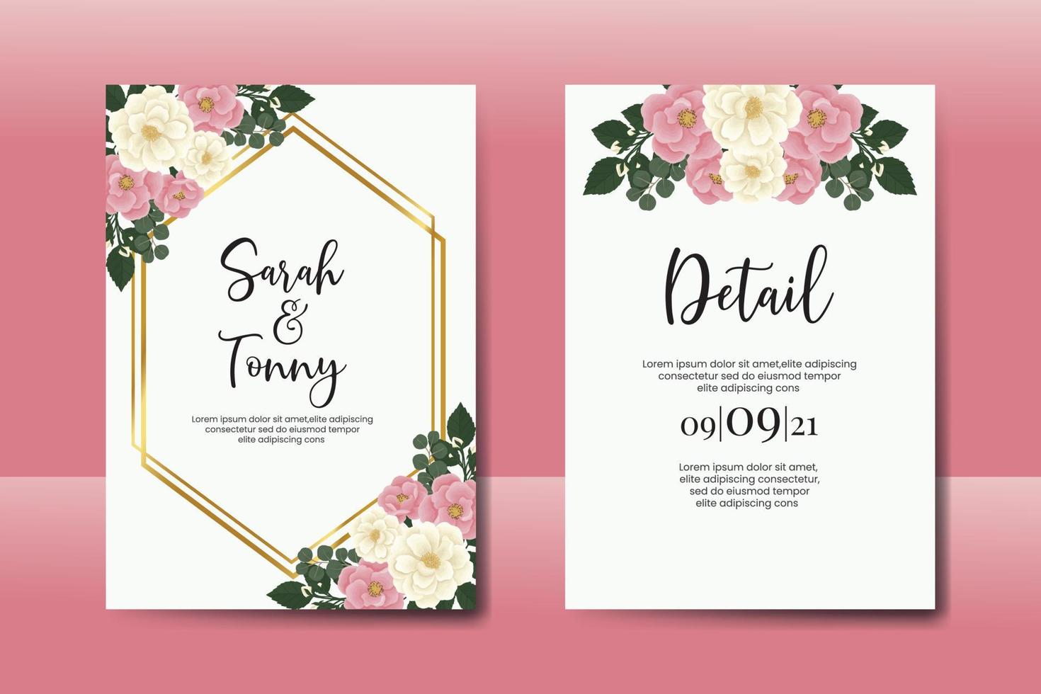 bröllopsinbjudan ram set, blommig akvarell digital handritad rosa mini ros blomma design inbjudningskort mall vektor