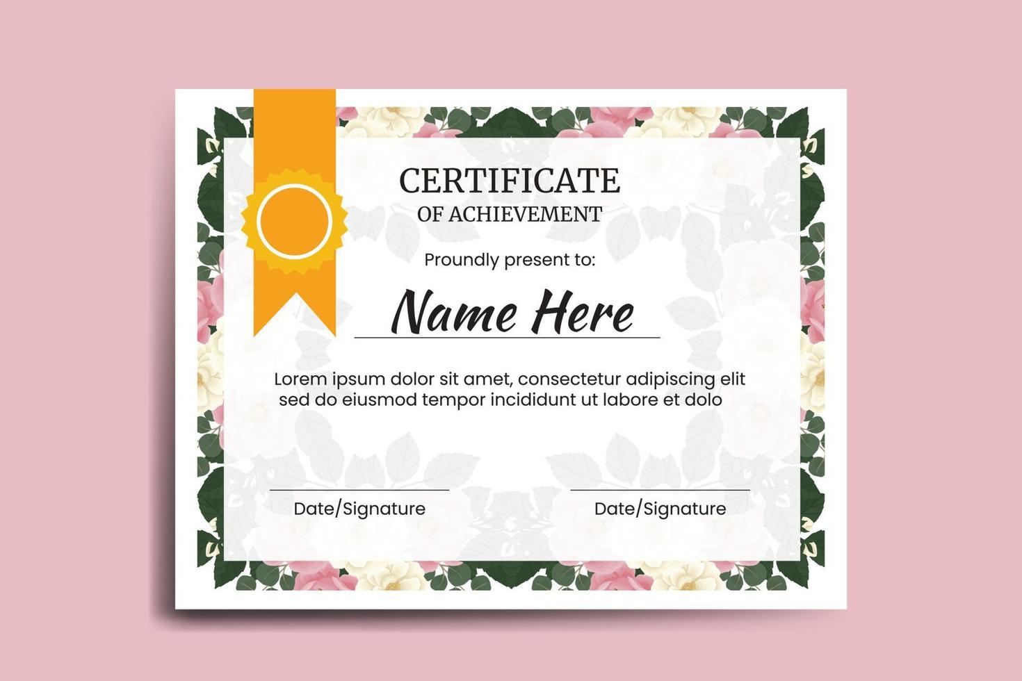 Zertifikat Vorlage rosa Mini Rose Blume Aquarell digitale Hand gezeichnet vektor