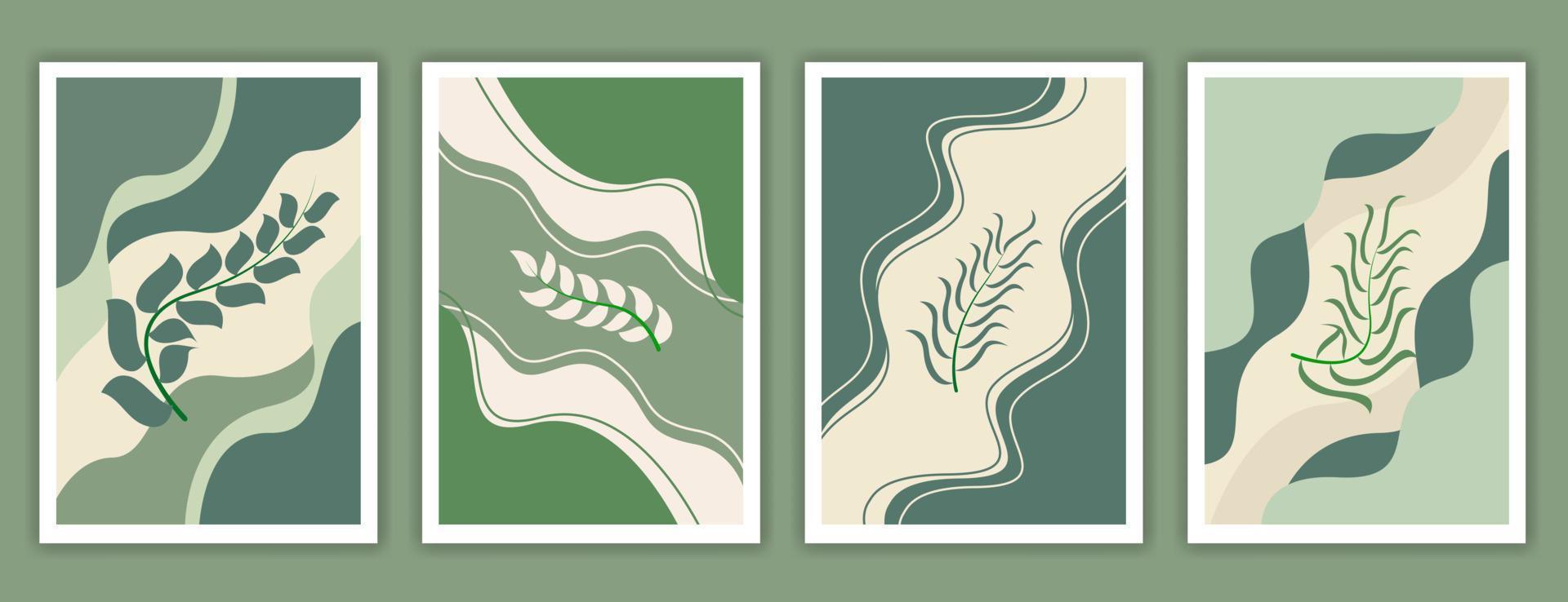 botanische Aquarell-Wand-Kunst-Vektor-Set. Erdton Hintergrund Laub Strichzeichnungen mit abstrakter Form. abstraktes Pflanzenkunstdesign für gerahmte Wanddrucke, Leinwanddrucke, Poster, Wohnkultur. vektor