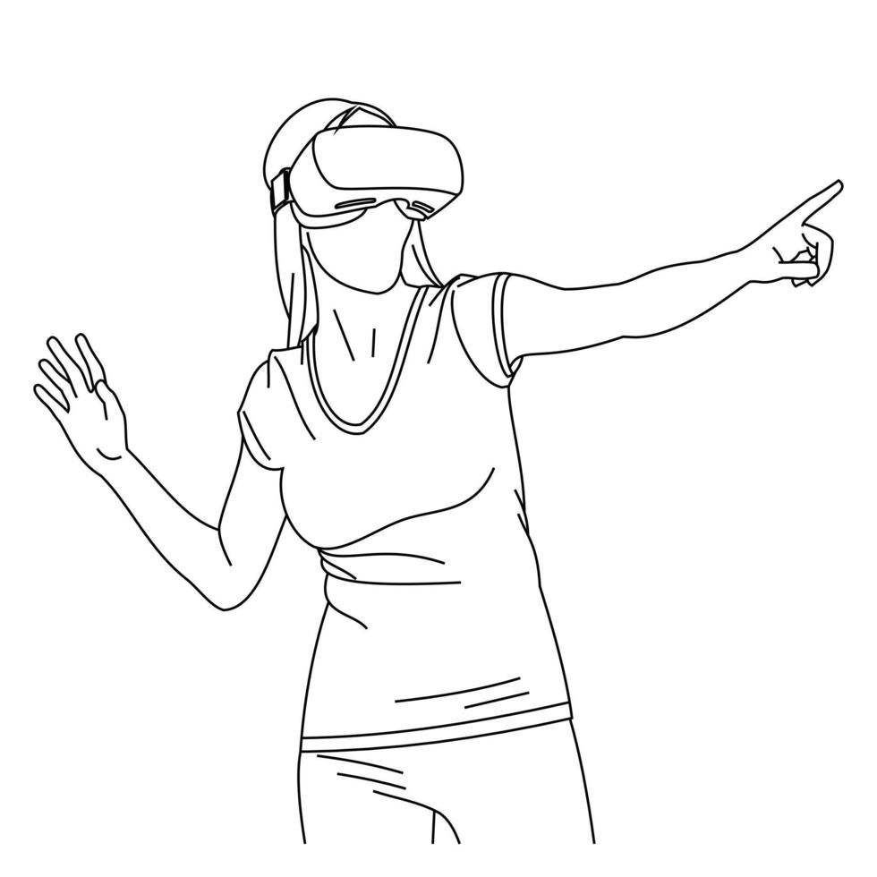 Illustration Strichzeichnungen Ein junges Mädchen verwendet beim Spielen eine Virtual-Reality-Brille. vorgeben, die Taste zu berühren, während Sie einen Virtual-Reality-Helm tragen. VR auf weißem Hintergrund tragen vektor