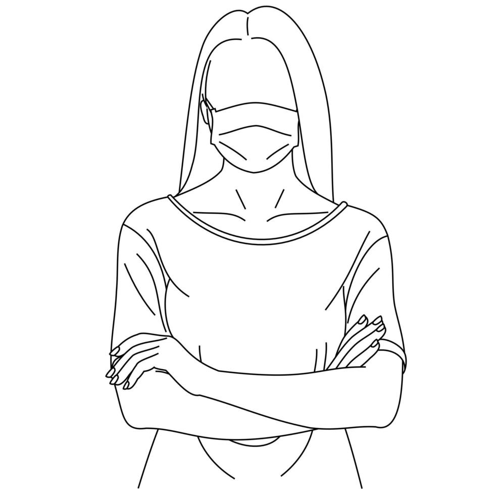 Illustrationslinienzeichnung einer jungen Frau, die medizinische Gesichtsmasken trägt, um sich vor Krankheiten, Luftverschmutzung, Coronavirus, Sars, Keimen, Grippe oder Mers-Cov zu schützen. Mädchen mit Gesichtsmasken, das in die Kamera schaut vektor