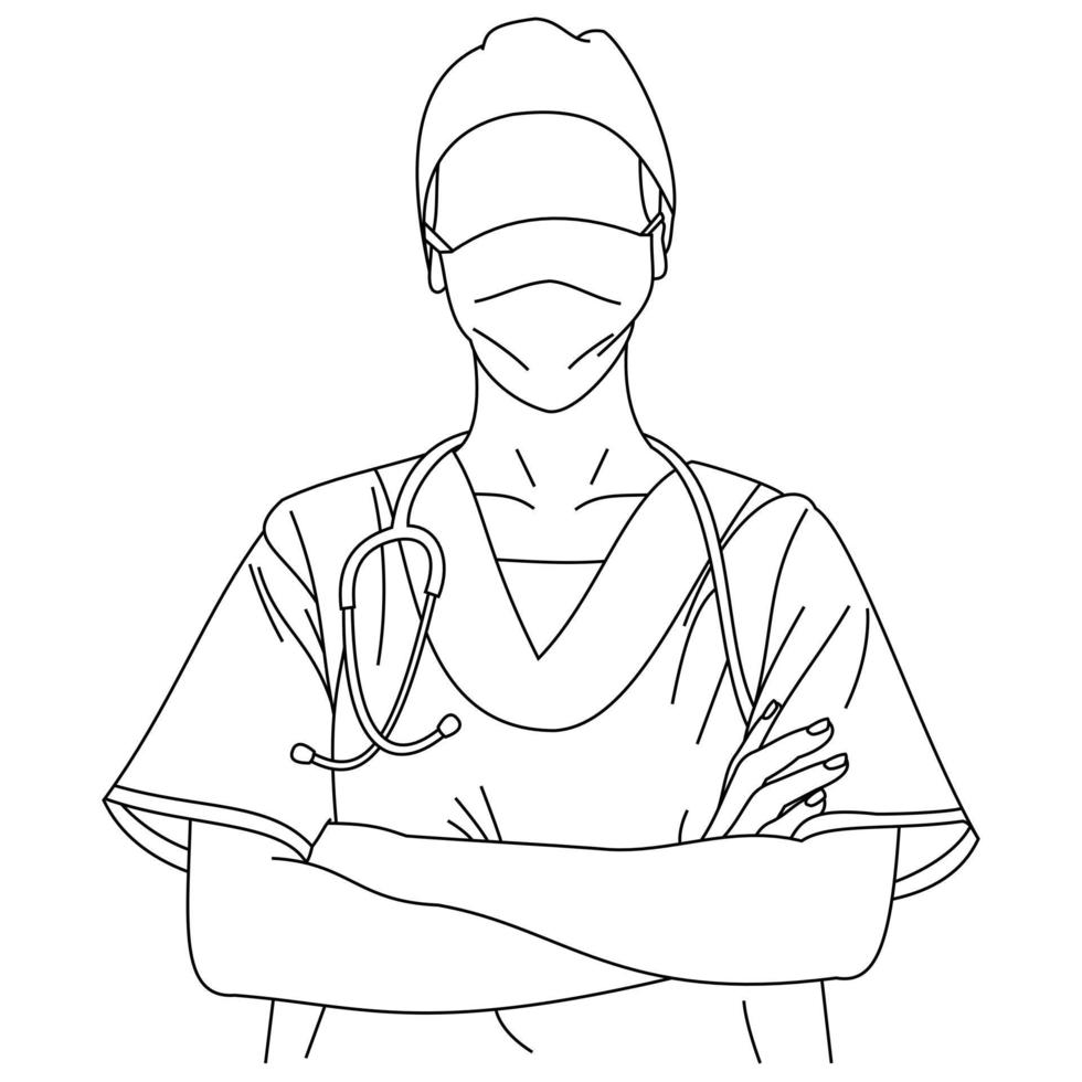 illustration av linjeteckning en vacker ung kirurg eller medicinsk sjuksköterska poserar bär enhetliga scrubs med korslagda armar eller ett stetoskop. ett porträtt av en kvinnlig läkare med ett telefonndoskop vektor
