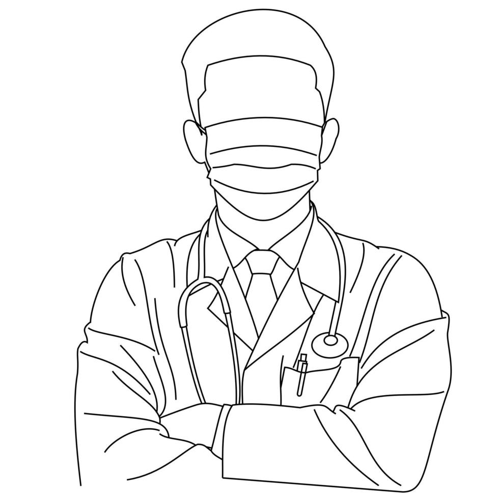 illustration av linjeritning en stilig ung kirurg eller läkare poserar bär enhetliga scrubs med korsade armar eller kors och ett stetoskop. ett porträtt av en manlig läkare med ett telefonndoskop vektor