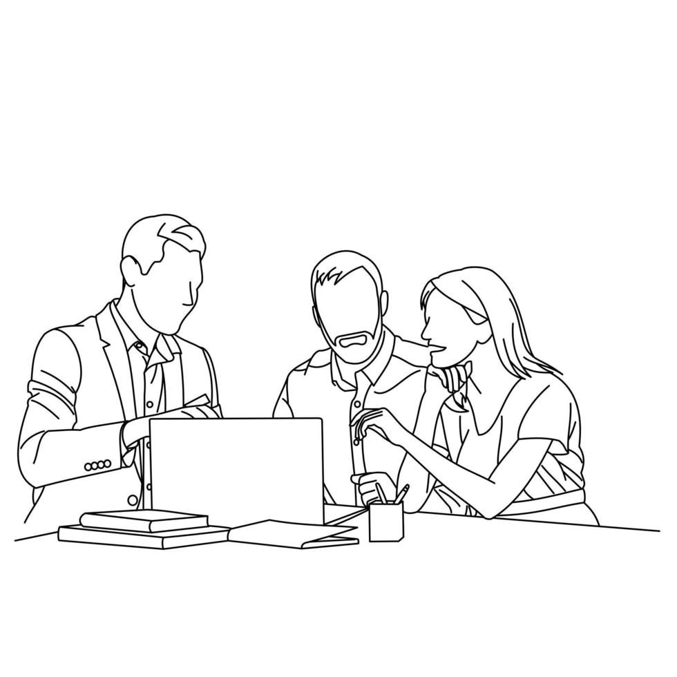 Illustration der Strichzeichnung eines Mitarbeiters oder Geschäftsteams, das eine Strategie seines Unternehmens mit Führungskräften im Büro bespricht. Gruppe von Geschäftsleuten, die in Gruppen im Büro sitzen und diskutieren vektor
