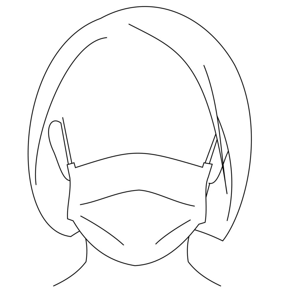 Illustrationslinienzeichnung einer jungen Frau, die medizinische Gesichtsmasken trägt, um sich vor Krankheiten, Luftverschmutzung, Coronavirus, Sars, Keimen, Grippe oder Mers-Cov zu schützen. Mädchen mit Gesichtsmasken, das in die Kamera schaut vektor