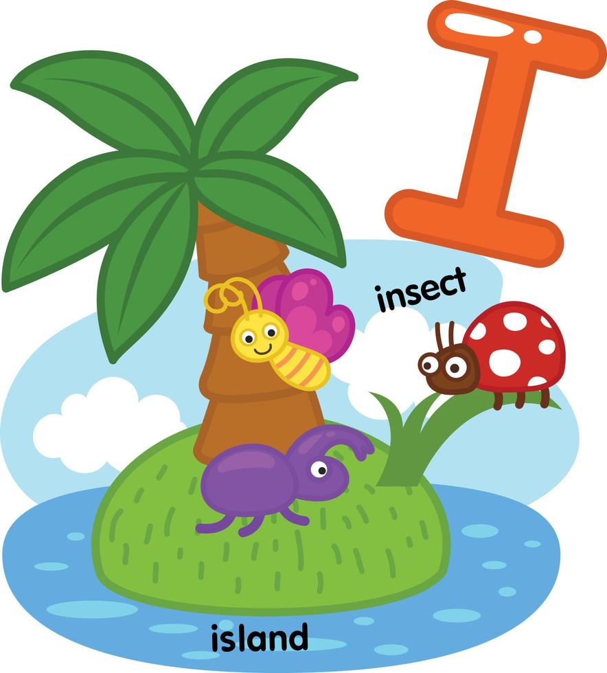 Alphabet isolierter Buchstabe i-Insekteninsel Illustration, Vektor