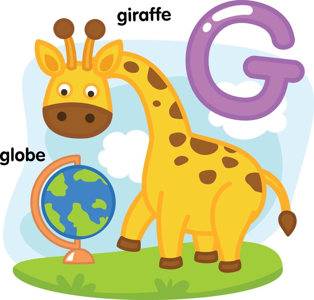 Alphabet isolierter Buchstabe g-Giraffe-Globus-Abbildung, Vektor