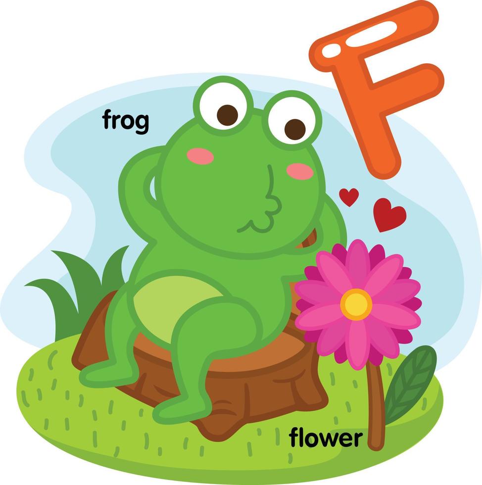 Alphabet isolierter Buchstabe f-Frosch-Blumenillustration, Vektor