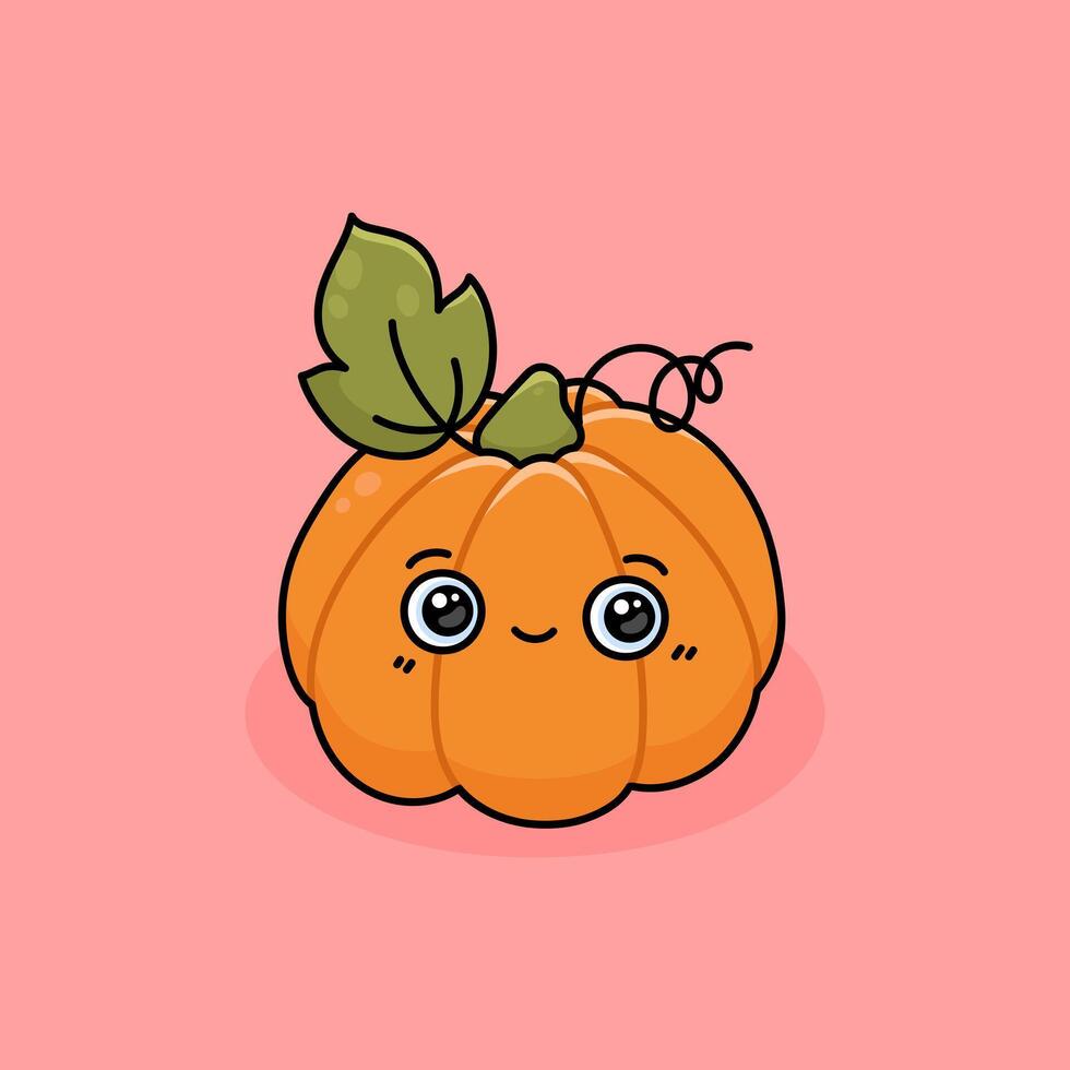 süß Kürbis mit lächelnd, Lachen Gesicht im kawaii Stil. Halloween Symbol oder Dekor. Herbst Gemüse. Karikatur Illustration auf ein Rosa Hintergrund vektor