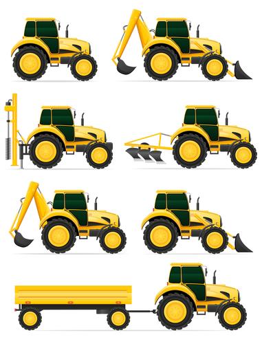 stellen Sie gelbe Traktor-Vektorillustration der Ikonen ein vektor