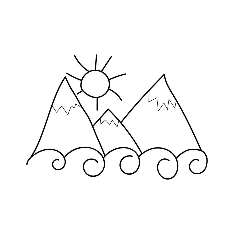 Berge Sonne und Meer doodle.Schwarz-Weiß-Bild.einfache Zeichnung.Freihand-Zeichnung.Vektor vektor