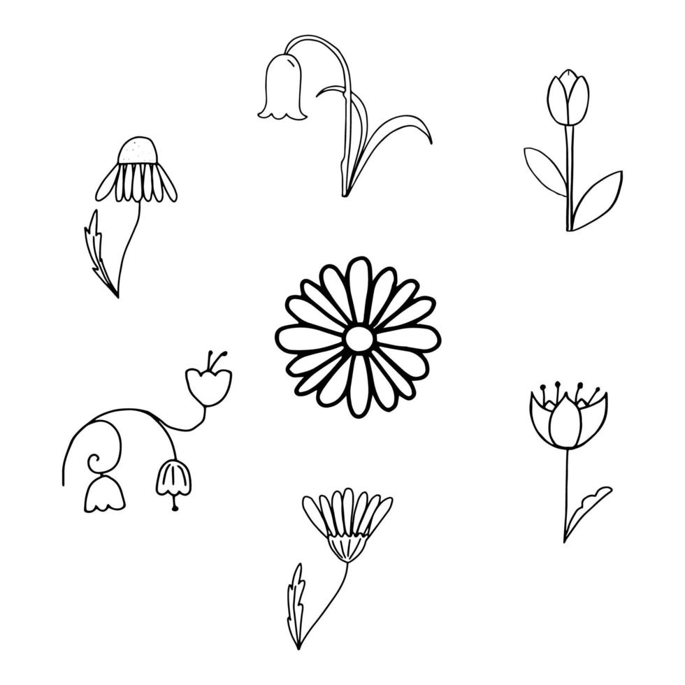 Set von Blumendoodles-Konturzeichnung mit einer Linie.Schwarz-Weiß-Bild.Doodle-Stil.Farbgebung.Set von Blumenelementen.Vektorillustration vektor