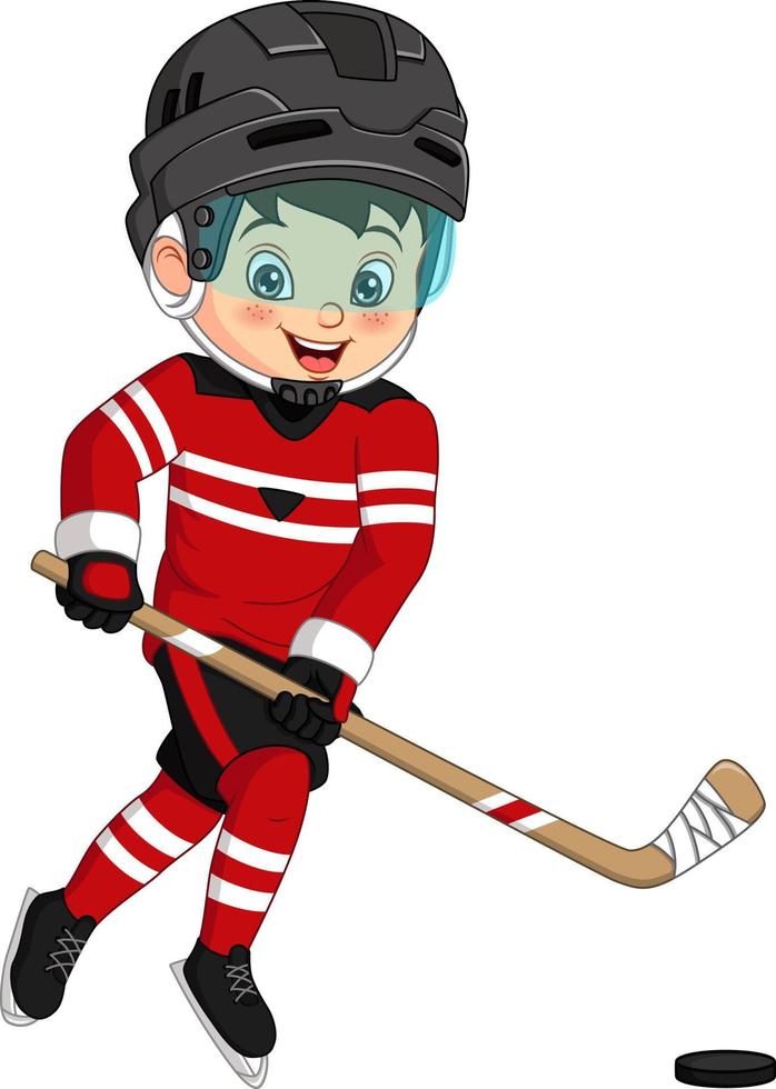 tecknad liten pojke spelar hockey vektor