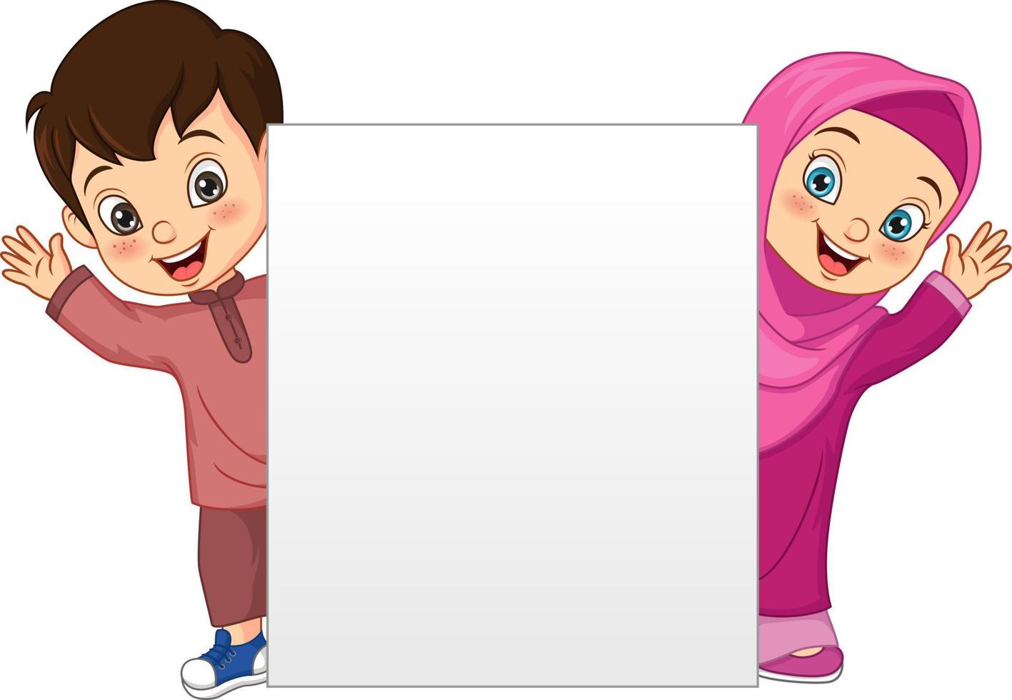 glückliche muslimische Kinderkarikatur mit leerem Schild vektor