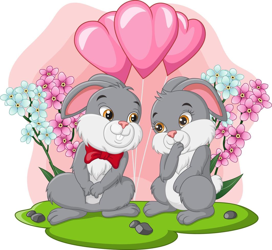 süßes Cartoon-Kaninchenpaar mit Luftballons vektor