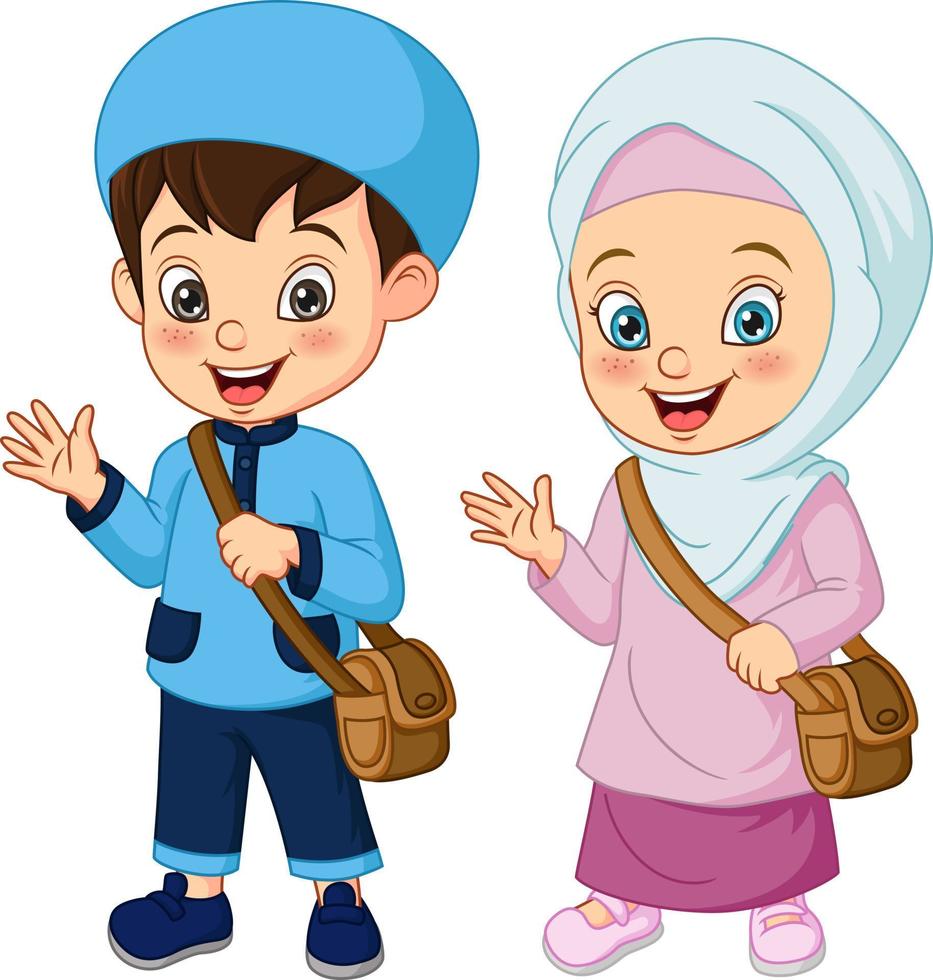 Cartoon muslimische Kinder gehen zur Schule vektor