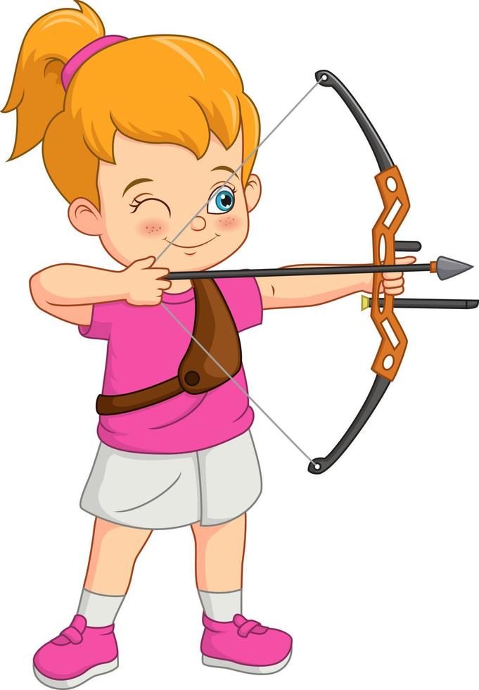 tecknad flicka spelar bågskytte med en båge vektor