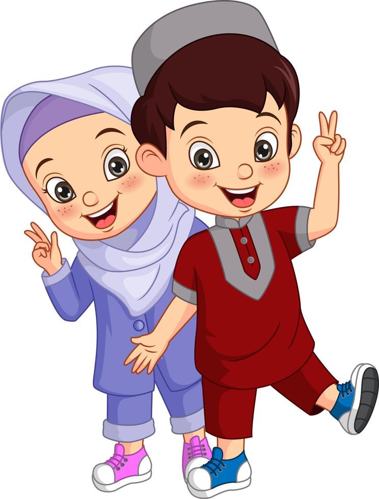 glad muslimsk unge tecknad med fredstecken vektor