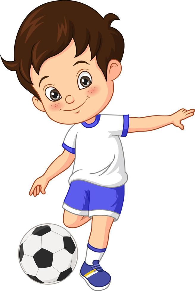 Cartoon kleiner Junge, der Fußball spielt vektor