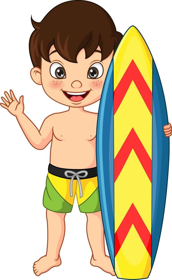 tecknad pojke surfare håller surfbräda vektor