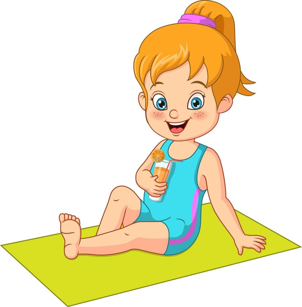 Cartoon kleines Mädchen Sonnenbaden auf einer Strandmatte mit Cocktail trinken vektor