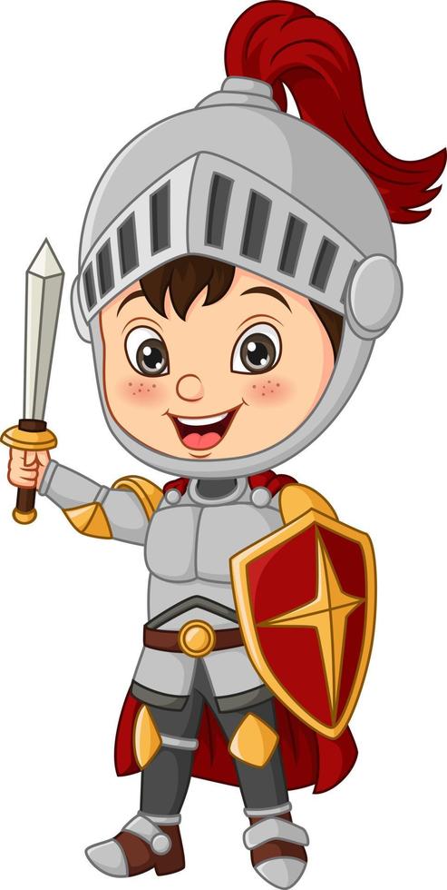 tecknad riddare pojke håller svärd och sköld vektor
