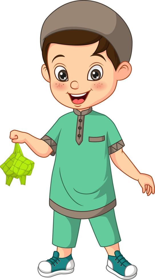 glad muslimsk pojke tecknad som håller en ketupat vektor