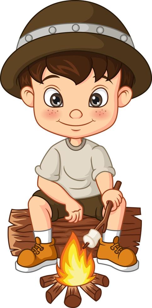 Cartoon-Scout-Junge, der einen Marshmallow röstet vektor