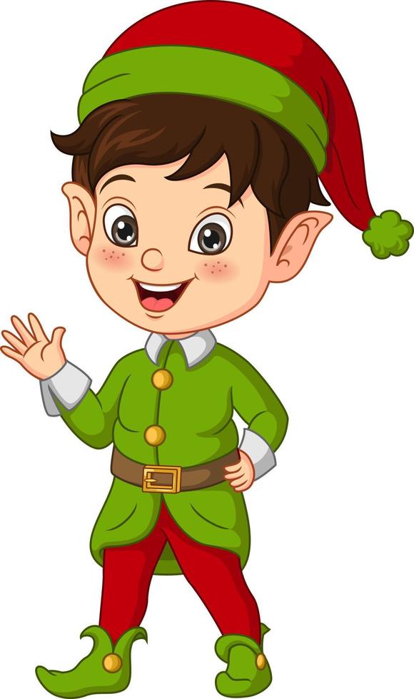 tecknad liten pojke som bär jul elf kostym vektor