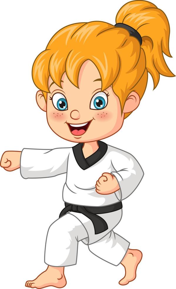 tecknad flicka gör utövar karate vektor