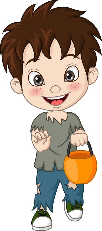 tecknad liten pojke bär zombie kostym för att fira halloween vektor