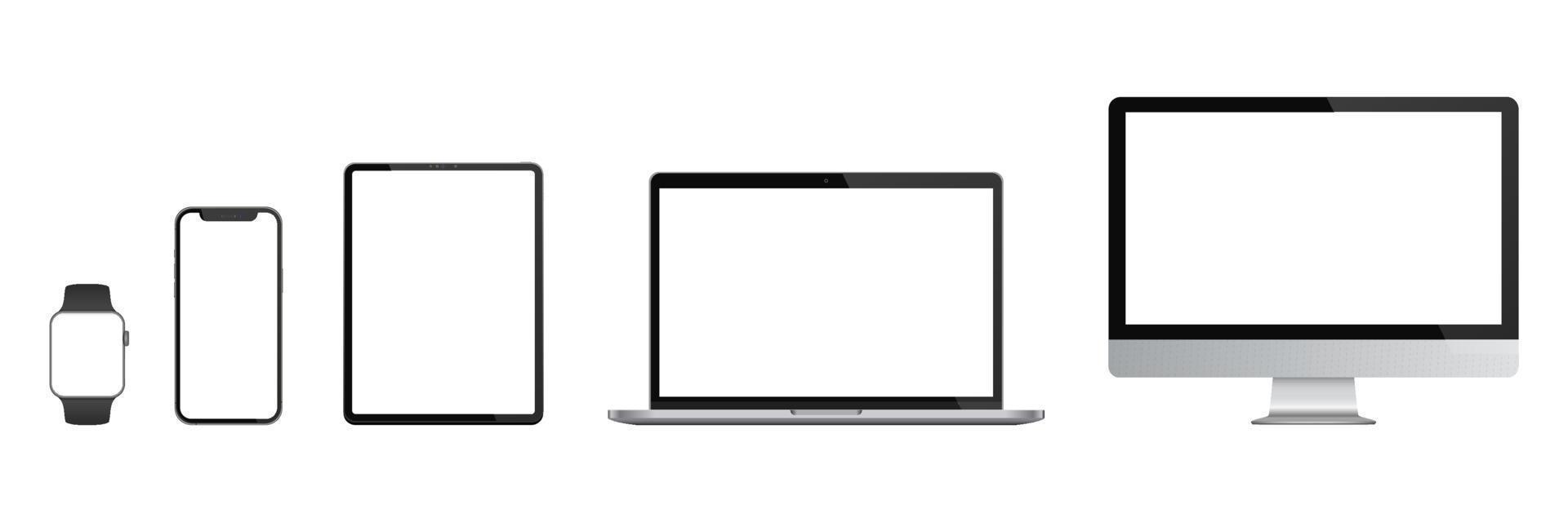realistisk uppsättning av bildskärm, bärbar dator, surfplatta, smartphone, smartklocka. vektor illustration