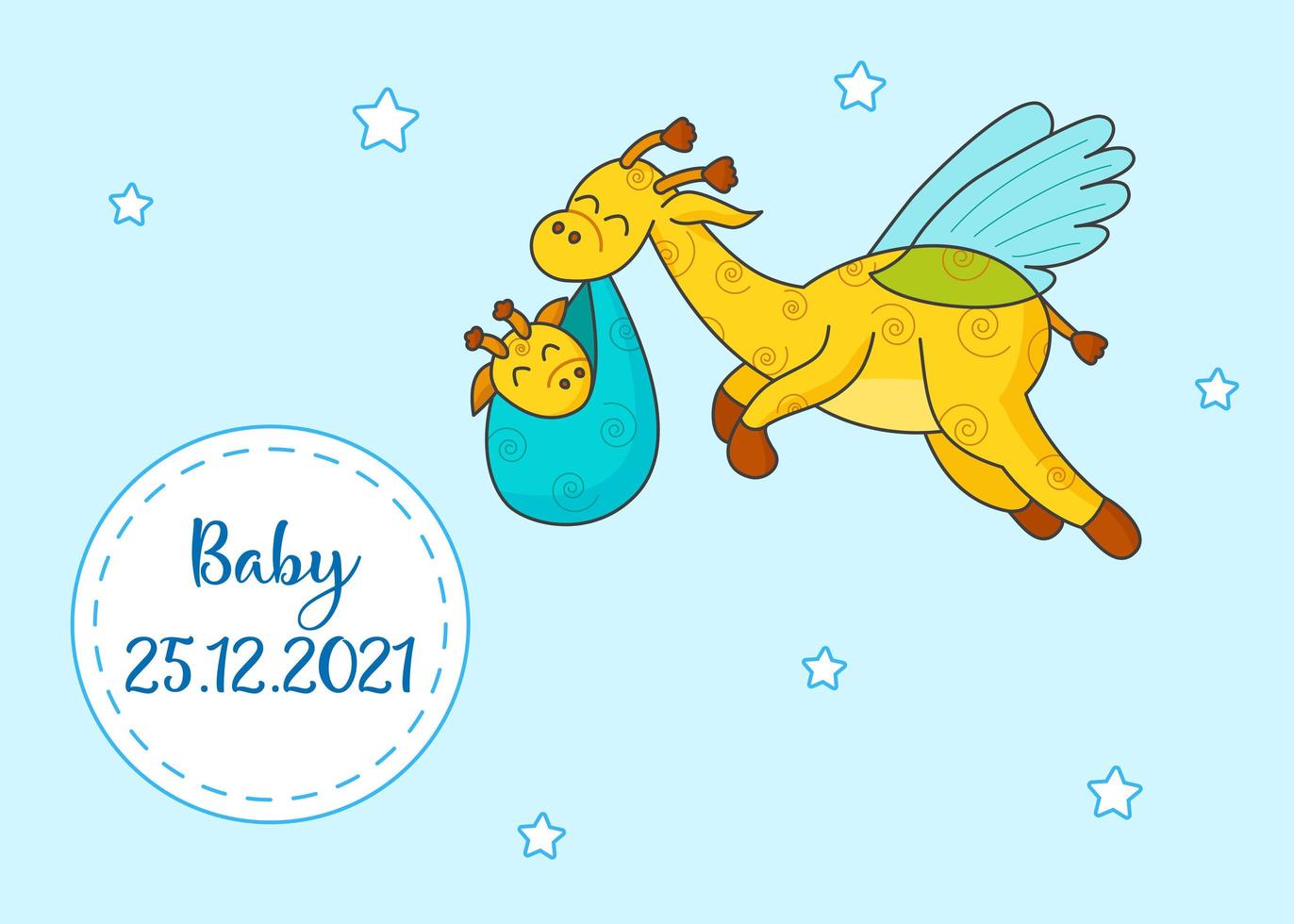 eine Postkarte für ein Neugeborenes. lustige fliegende Giraffe. Hallo Baby. herzlichen glückwunsch zur geburt eines kindes. Geburtsurkunde. Hallo Welt. vektor