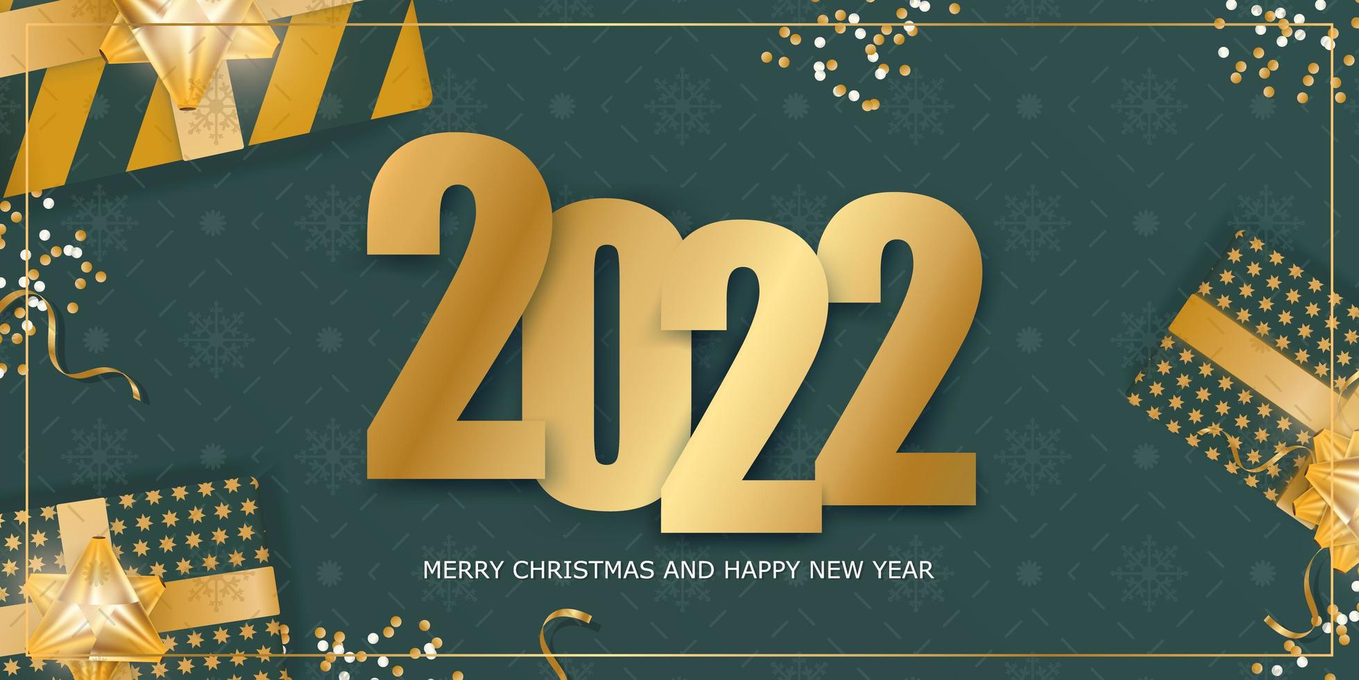 2022 neues Jahr grünes Banner. Hintergrund mit realistischen Geschenkboxen, Goldbändern und Bogen. Vektor. vektor