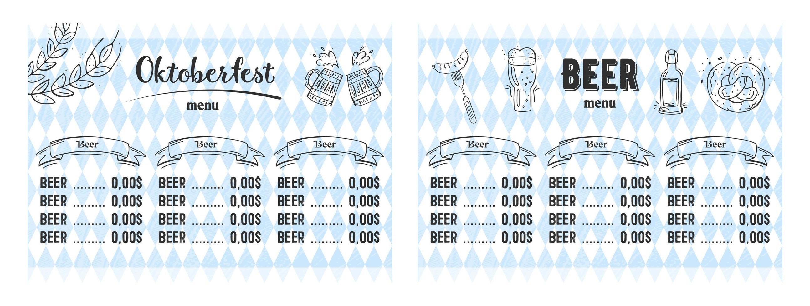 oktoberfest 2022 - bierfest. handgezeichnete Doodle-Elemente. Deutscher traditioneller Feiertag. Oktoberfest, Craft Beer. blau-weiße Raute. horizontale Bierkarte. vektor