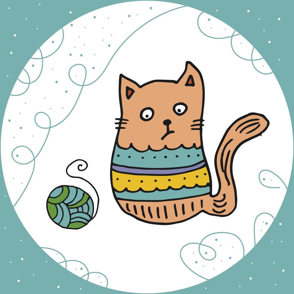 Doodle-Stil handgezeichnet. Natur, Tiere und Elemente. Vektor-Illustration. Katzenleben. Miau. bunte Abbildung. eine Katze mit einem Fadenknäuel. die Katze im Pullover. vektor