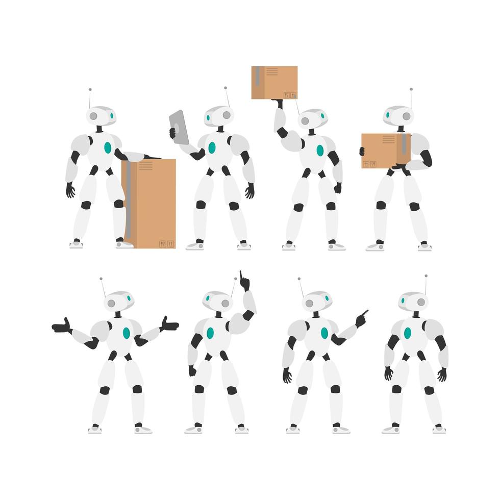 en vit robot håller en låda. uppsättning futuristiska robotar. konceptet framtida leverans, artificiell intelligens och teknik. isolerade, vektor. vektor