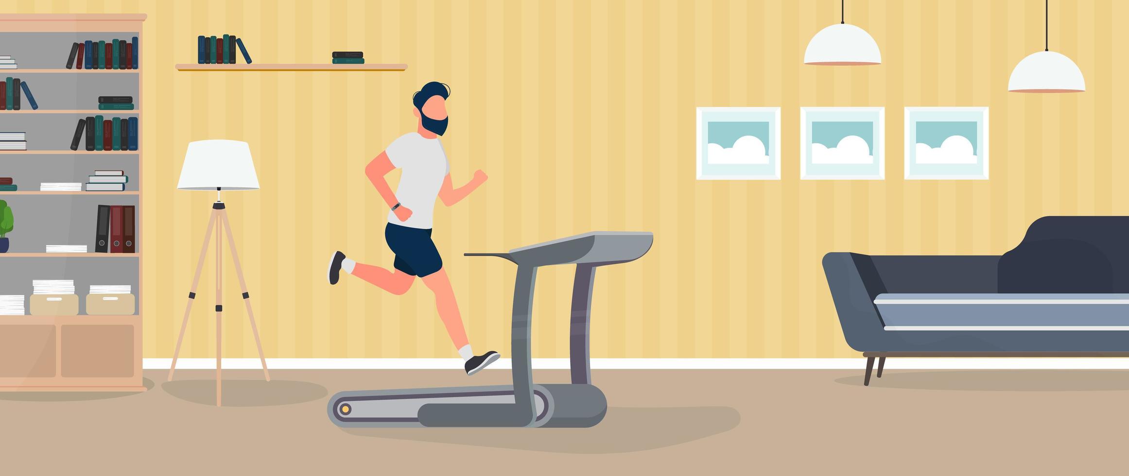 Der Typ läuft auf einem Laufband. Ein Mann joggt auf einem Simulator. das konzept von sport und gesundem lebensstil. Vektor. vektor