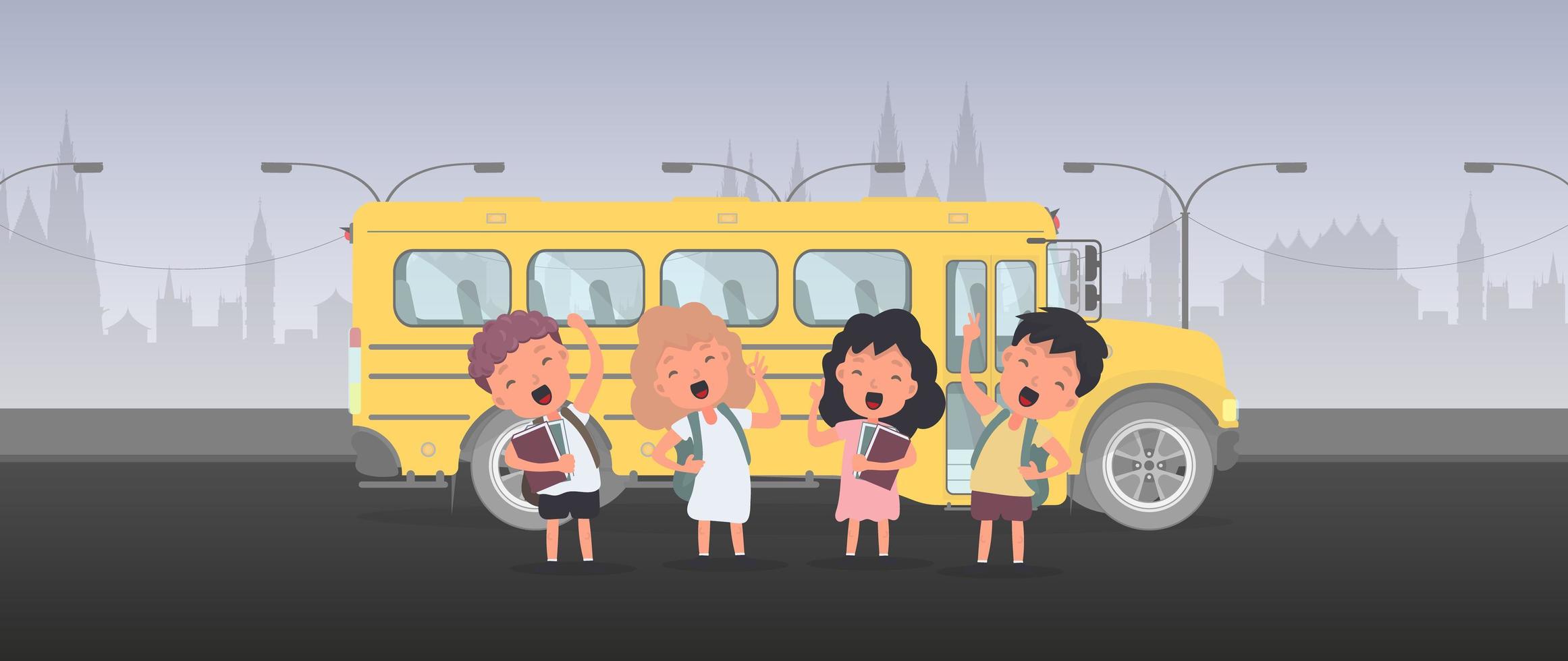 glückliche Kinder und ein Schulbus. Kinder gehen zur Schule. gelber Bus für die Schule. vetkor. vektor