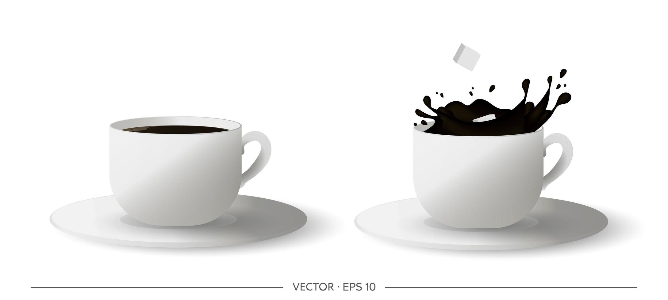 Satz realistische Tasse Kaffee. Zuckerwürfel, die aus einer Tasse Kaffee fallen. Vektor-Illustration vektor